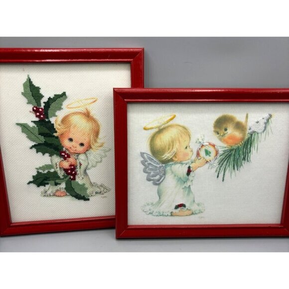 Set Of 2 Vtg Ruth Morehead Angel Complete Cross Stitch Framed Art Red Frames - Picture 1 of 7